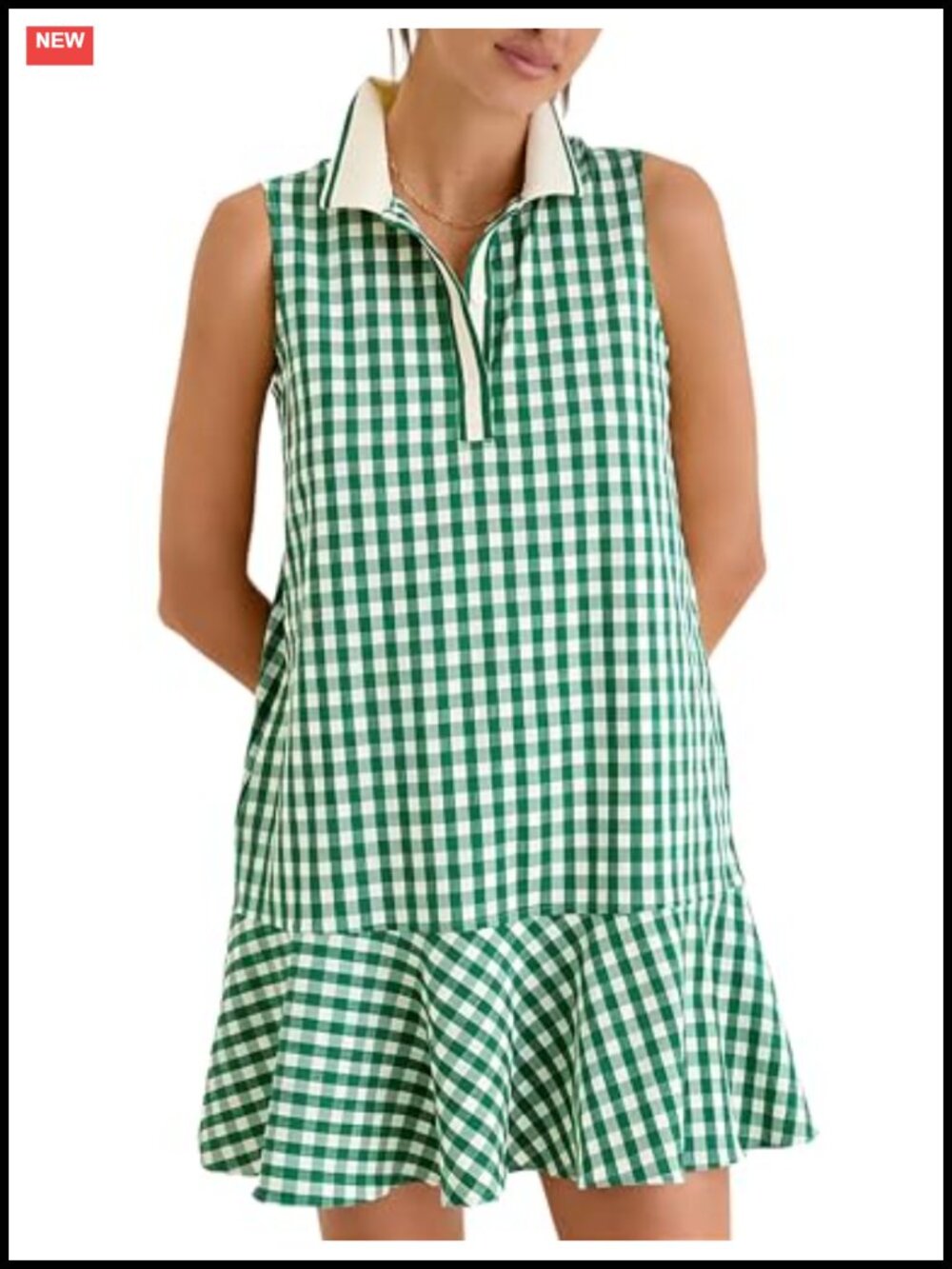 Women's Gingham Polo Dress V-Neck Sleeveless Ruffled Hem Mini Tennis